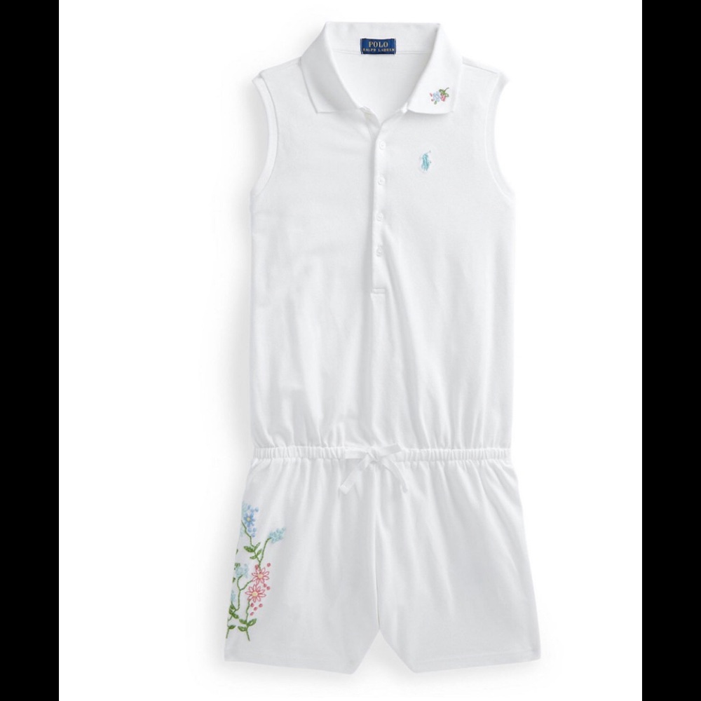 NWT Polo Ralph Lauren Girls Floral Romper Mesh Pique Embroidered White